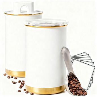 Vacuum Coffee Canister Airtight Dual Seal Stainless Steel with Scoop Label for Beans Grounds Food