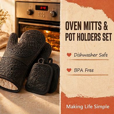 Silicone Oven Mitts & Pot Holders Set (6-Piece) Heat Resistant 500°F Kitchen Baking Trivets Mini