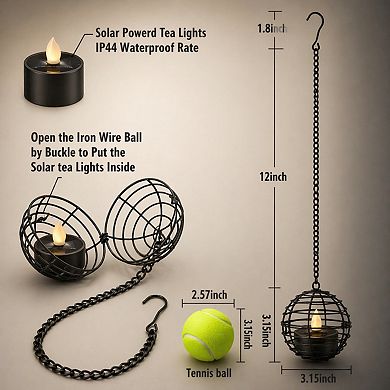 Solar Hanging Lanterns Outdoor Waterproof Rust Iron Ball Flickering LED Solar Powered 4 Pack