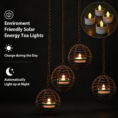 Solar Hanging Lanterns Outdoor Waterproof Rust Iron Ball Flickering LED Solar Powered 4 Pack