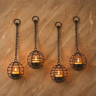 Solar Hanging Lanterns Outdoor Waterproof Rust Iron Ball Flickering LED Solar Powered 4 Pack
