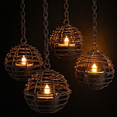 Solar Hanging Lanterns Outdoor Waterproof Rust Iron Ball Flickering LED Solar Powered 4 Pack