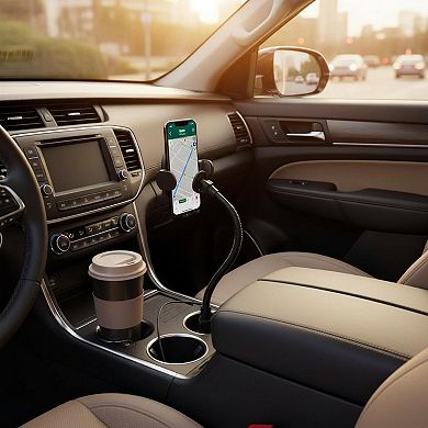 Dual Car Cup Holder Phone Mount 2-in-1 Adjustable Gooseneck 360° Rotation Universal 4-6.7in Mobile