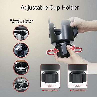Dual Car Cup Holder Phone Mount 2-in-1 Adjustable Gooseneck 360° Rotation Universal 4-6.7in Mobile