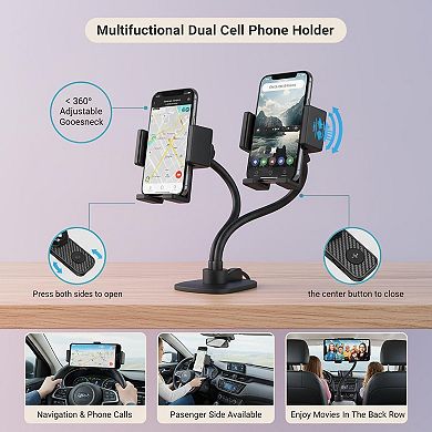 Dual Car Cup Holder Phone Mount 2-in-1 Adjustable Gooseneck 360° Rotation Universal 4-6.7in Mobile