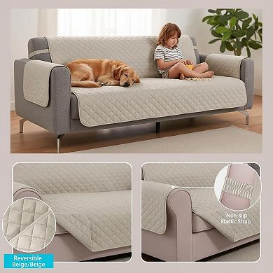 Reversible Sofa Cover Water Repellent Washable Couch Protector w Elastic Straps for Pets 3 Cushion