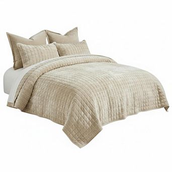 Luxury Velvet Quilt Set Lightweight Comforter Coverlet with Pillow Shams All Season
