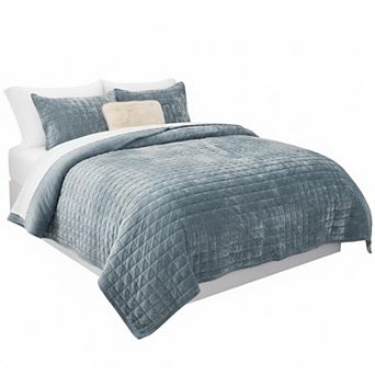 Luxury Velvet Quilt Set Lightweight Comforter Coverlet with Pillow Shams All Season
