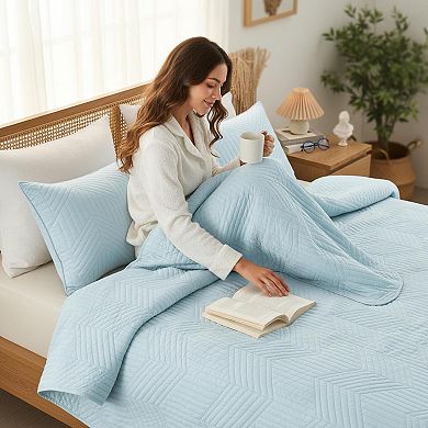 Ultrasonic Reversible Microfiber Quilt Set w/ Pillow Shams Lightweight Soft Modern Geometric All