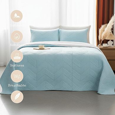 Ultrasonic Reversible Microfiber Quilt Set w/ Pillow Shams Lightweight Soft Modern Geometric All