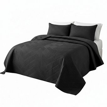 Ultrasonic Reversible Microfiber Quilt Set w/ Pillow Shams Lightweight Soft Modern Geometric All