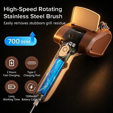 Electric Grill Brush Cordless Rechargeable Stainless Steel Scraper Bristle-Free Dishwasher Safe