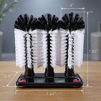 Triple Brush Glass Washer Durable PVC Base Nylon Bristles Suction Grip Replaceable for Bars
