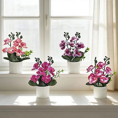4pcs Artificial Orchids in Pot PU Realistic Flowers Home Wedding Decor