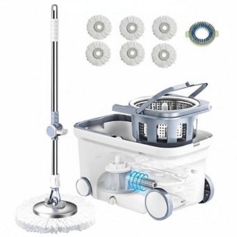 Spin Mop Bucket Deluxe 360 Spinning Floor Cleaning System 6 Refills 62" Handle 4 Wheels