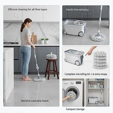 Spin Mop Bucket Deluxe 360 Spinning Floor Cleaning System 6 Refills 62" Handle 4 Wheels