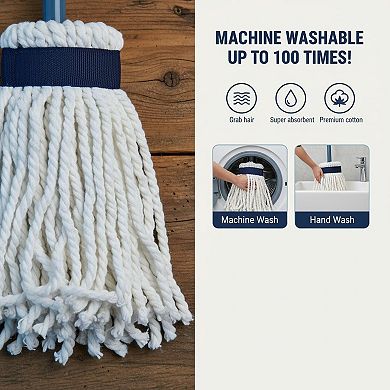 Loop-end String Mop Heavy Duty Commercial Industrial 2 Extra Heads 59" Cotton Wet Dry Floor Cleaning