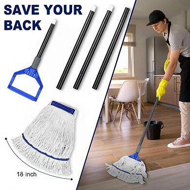 Loop-end String Mop Heavy Duty Commercial Industrial 2 Extra Heads 59" Cotton Wet Dry Floor Cleaning