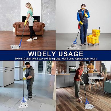 Loop-end String Mop Heavy Duty Commercial Industrial 2 Extra Heads 59" Cotton Wet Dry Floor Cleaning