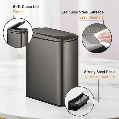 Slim Trash Can w/Lid Soft Close Step Pedal 6L Stainless Steel Small Garbage Bin for Narrow Spaces