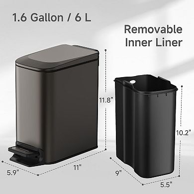 Slim Trash Can w/Lid Soft Close Step Pedal 6L Stainless Steel Small Garbage Bin for Narrow Spaces