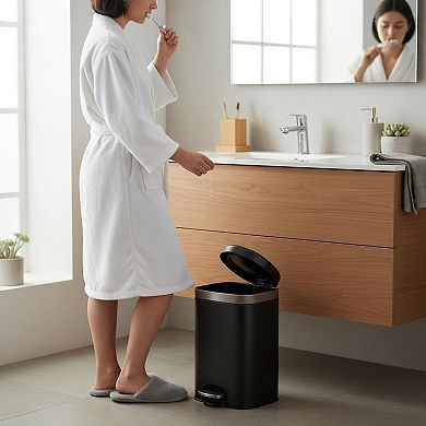 Stainless Steel Bathroom Trash Can Soft Close Lid Step Pedal Removable Inner Bucket Compact