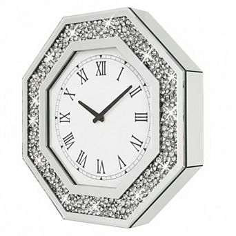 Octagon Mirror Glass Wall Clock Non-ticking Handmade Diamond Bling Decor