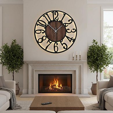 Large 20'' Rustic Wood Wall Clock Silent LED Remote Timer Oversized Farmhouse Decor