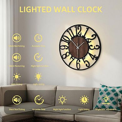Large 20'' Rustic Wood Wall Clock Silent LED Remote Timer Oversized Farmhouse Decor