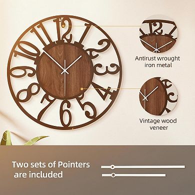 Large 20'' Rustic Wood Wall Clock Silent LED Remote Timer Oversized Farmhouse Decor