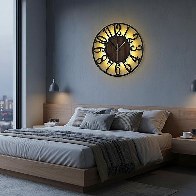 Large 20'' Rustic Wood Wall Clock Silent LED Remote Timer Oversized Farmhouse Decor