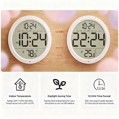 Digital Wall Clock Large Number Date Indoor Temp Auto DST Battery Operated Small Decorative