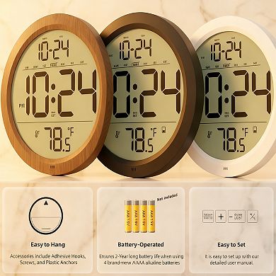 Digital Wall Clock Large Number Date Indoor Temp Auto DST Battery Operated Small Decorative