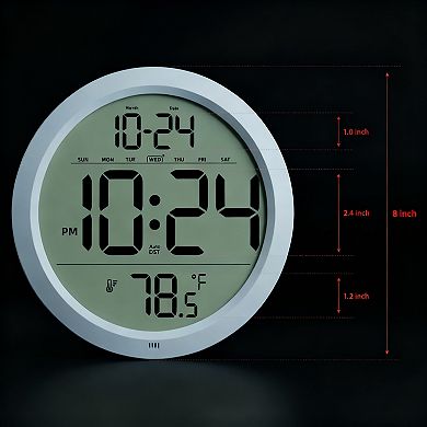 Digital Wall Clock Large Number Date Indoor Temp Auto DST Battery Operated Small Decorative