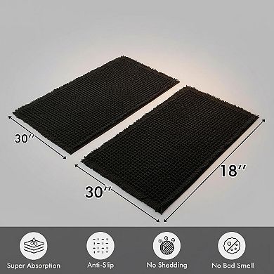 Set Of 2 Boho Bath Mats Non Slip Washable Absorbent Brown White 18x30 Inch