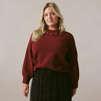 Plus Size LC Lauren Conrad Floral Embroidery Crewneck Sweater