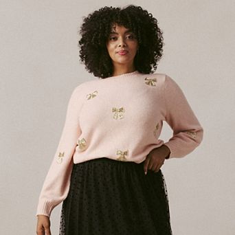 Plus Size LC Lauren Conrad Crewneck Balloon Sleeve Bow Embellished Sweater