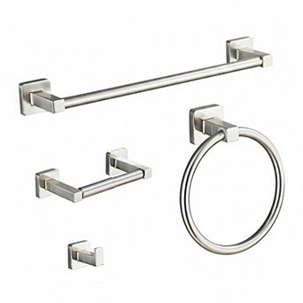 Stainless Steel Bathroom Hardware Set 4 pc Towel Bar Ring Toilet Paper Holder Hook