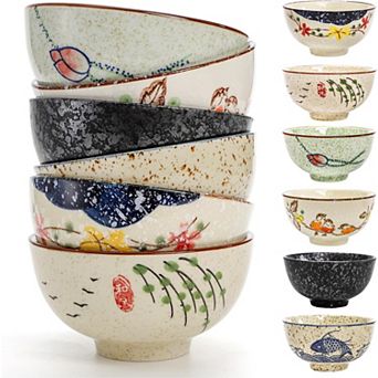 6 pc Retro Ceramic Bowls Set, 4.5-Inch, Hand-Painted, Microwave & Dishwasher Safe
