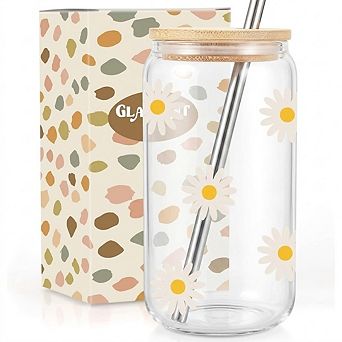 Daisy Aesthetic Glass Tumbler with Lid & Straw, Cute Floral Iced Coffee Cup Gift