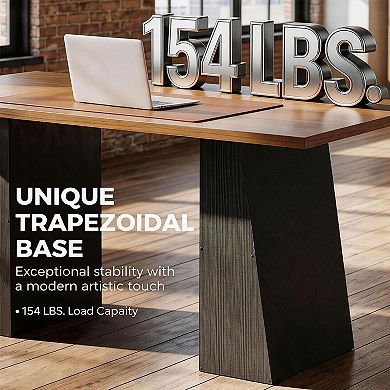HOMCOM 63 Inch Computer Desk with Trapezoidal Frame, Walnut and Black