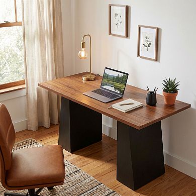 HOMCOM 63 Inch Computer Desk with Trapezoidal Frame, Walnut and Black