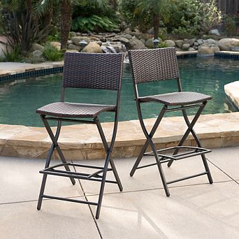 Foldable Outdoor Wicker Bar Stools Set of 2 Faux Rattan Patio Barstools with Backrest, Multibrown