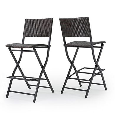 Foldable Outdoor Wicker Bar Stools Set of 2 Faux Rattan Patio Barstools with Backrest, Multibrown