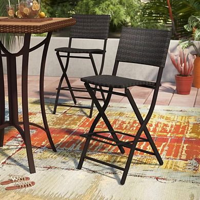 Foldable Outdoor Wicker Bar Stools Set of 2 Faux Rattan Patio Barstools with Backrest, Multibrown