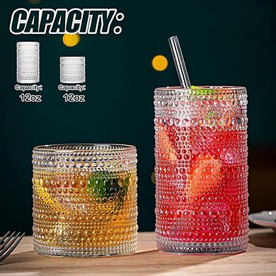 Drinking Glass Set of 8 Embossed Highball & Rocks Glasses