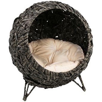 Rattan Cat Bed, Elevated Handwoven Cat Basket Bed with Soft Cushion
