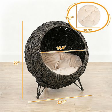 Rattan Cat Bed, Elevated Handwoven Cat Basket Bed with Soft Cushion