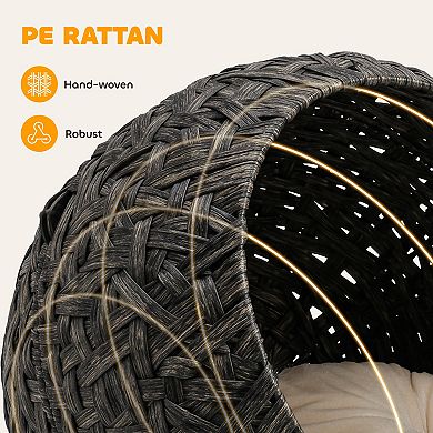 Rattan Cat Bed, Elevated Handwoven Cat Basket Bed with Soft Cushion