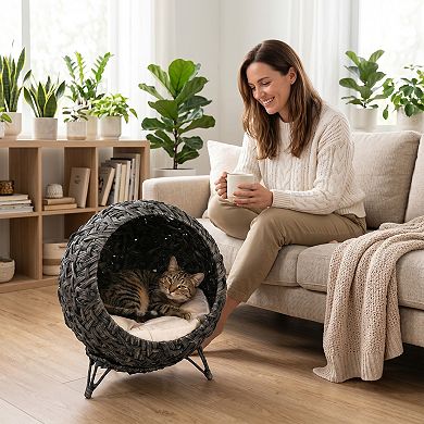 Rattan Cat Bed, Elevated Handwoven Cat Basket Bed with Soft Cushion